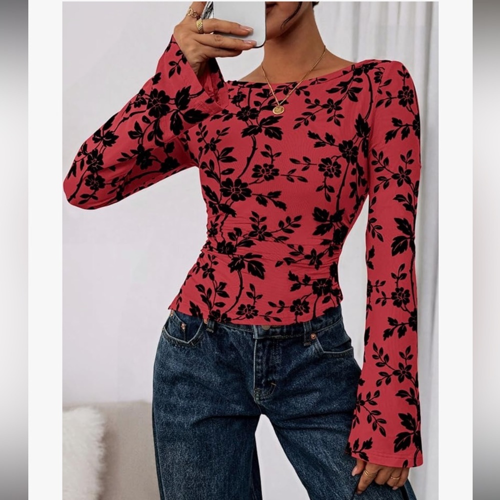 Floral Mesh Ruched Fitted Long Sleeve Top - Picture 3 of 6